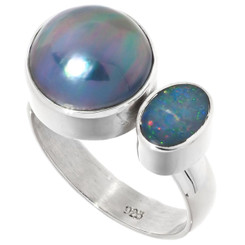 925 Silver Blue Mabe Ocean Cultured Pearl Australian Opal Sterling Sz 7 Ring