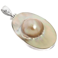 925 Silver Oval Mabe Blister Mother Of Pearl Shell Sterling Pendant, 2"