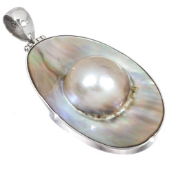 925 Silver Oval Mabe Blister Mother Of Pearl Shell Sterling Pendant, 2"