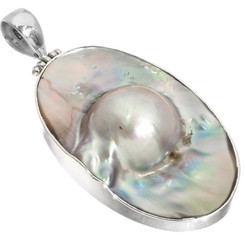 925 Silver Oval Mabe Blister Mother Of Pearl Shell Sterling Pendant, 2"