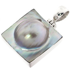 925 Silver Square Mabe Blister Pearl In Shell Sterling Pendant, 1 1/2"
