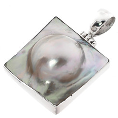 925 Silver Square Mabe Blister Pearl In Shell Sterling Pendant, 1 1/2"