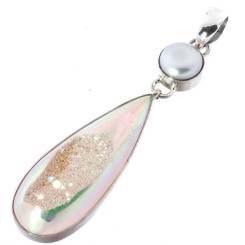 925 Silver Opal Titanium Druzy Drusy Freshwater Pearl Sterling Pendant, 2 5/8"