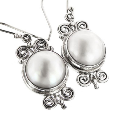 925 Silver Scroll South Pacific Ocean White Mabe Pearl Sterling Earrings, 7/8"