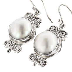 925 Silver Scroll South Pacific Ocean White Mabe Pearl Sterling Earrings, 7/8"