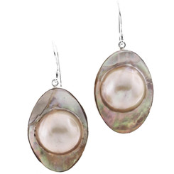 925 Silver Oval Mabe In Mother Of Pearl Shell Sterling Earrings, 1 1/8"