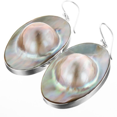 925 Silver Oval Mabe In Mother Of Pearl Shell Sterling Earrings, 1 1/8"