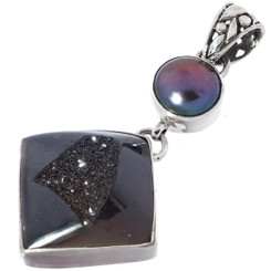 925 Silver Black Titanium Druzy Peaock Freshwater Pearl Sterling Pendant, 1 7/8"