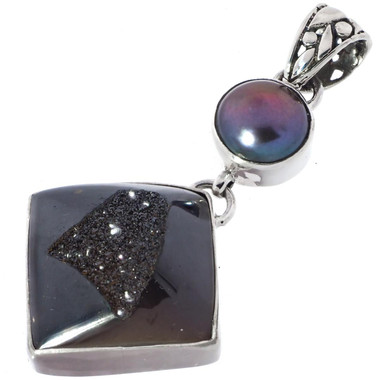 925 Silver Black Titanium Druzy Peaock Freshwater Pearl Sterling Pendant, 1 7/8"