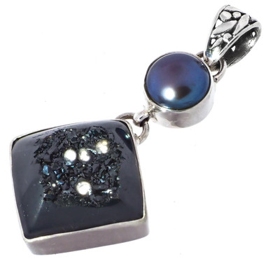 925 Silver Black Titanium Druzy Peaock Freshwater Pearl Sterling Pendant, 1 7/8"
