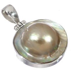 925 Silver Mabe Blister Pearl In Shell Handmade Sterling Pendant, 1 3/8"