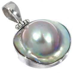 925 Silver Mabe Blister Pearl In Shell Handmade Sterling Pendant, 1 3/8"