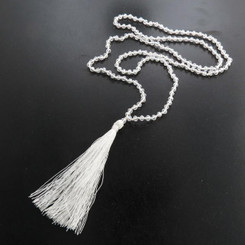 Long Beaded White And Clear Beads With Tassel Pendant Necklace, 32"