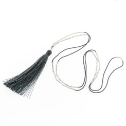 Long Beaded Dark Grey And Silver Beads With Tassel Pendant Necklace, 32"