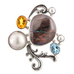 925 Silver Mabe Pearl Australian Boulder Opal Topaz Gems Pendant, 2"