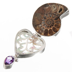925 Silver Mother Of Pearl Shell Amethyst Ammonite Fossil Pendant, 2 3/4"