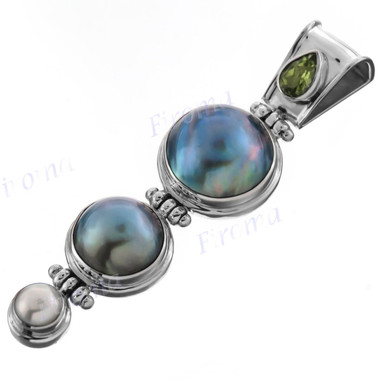 925 Silver Lavish Pacific Ocean Cultured Mabe Pearl Peridot Sterling Pendant, 2"