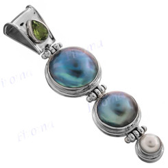 925 Silver Lavish Pacific Ocean Cultured Mabe Pearl Peridot Sterling Pendant, 2"