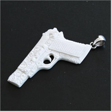 925 Silver Carving Beretta Semi Handgun Gun Bison Bone Sterling Pendant, 2 3/4"