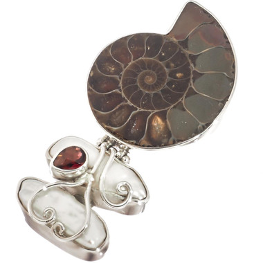 925 Silver Clearance Biwa Pearl Ammonite Fossil Red Garnet Pendant, ! 2 3/16"