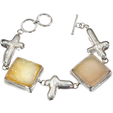 925 Silver Clearance! Natural Druzy Drusy Cross Biwa Pearl Sterling Bracelet