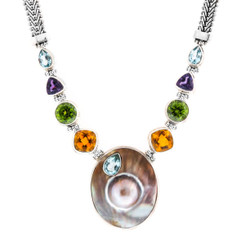 Mabe Pearl Blue Topaz Peridot Gemstone Silver Necklace, 17"