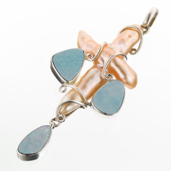 925 Silver Sale Australian Opal Peach Freshwater Pearl Cross Pendant, ! 2 3/8"