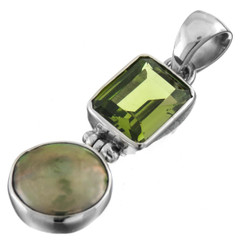 925 Silver Green Biwa Freshwater Pearl Peridot Gemstone Pendant, 1 3/16"