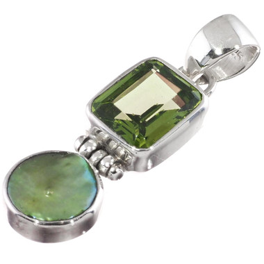 925 Silver Green Biwa Freshwater Pearl Peridot Gemstone Pendant, 1 3/16"