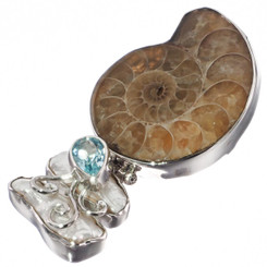 925 Silver Sale! Stick Pearl Ammonite Fossil Blue Topaz Sliding Pendant, 2"