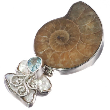 925 Silver Sale! Stick Pearl Ammonite Fossil Blue Topaz Sliding Pendant, 2"