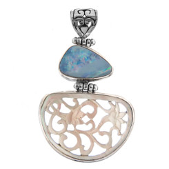 925 Silver Mother Of Pearl Shell Amazing Big Australian Opal Pendant, 1 11/16"