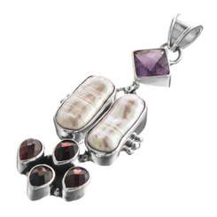 925 Silver Amethyst Red Garnet Biwa Pearl Pendant, 2 3/16"