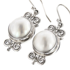 925 Silver Scroll South Pacific Ocean White Mabe Pearl Sterling Earrings, 7/8"