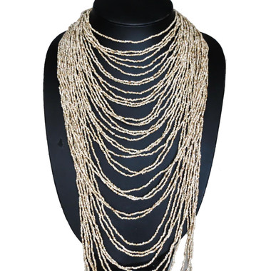 Opulent 40 Strand Khaki Beige Bead Layered Necklace, 22"