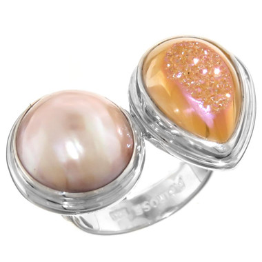 925 Silver Us-made Pink Pearl Titanium Druzy Drusy Sterling Sz 5 Ring