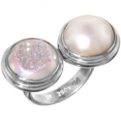 925 Silver White Pearl Opal Titanium Druzy Drusy Sterling Sz 5 Ring