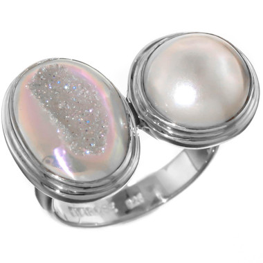 925 Silver White Pearl Opal Titanium Druzy Drusy Sz 9 Sterling Ring