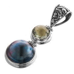 925 Silver Mabe Pearl Green Amethyst Pendant, 1 11/16"