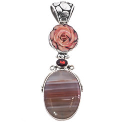 925 Silver Agate Red Garnet Mother Of Pearl Shell Flower Sterling Pendant, 3"