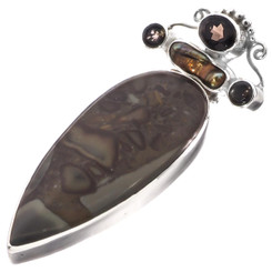 925 Silver 4ct Smokey Quartz Jasper Biwa Freshwater Pearl Pendant, 3 5/16"