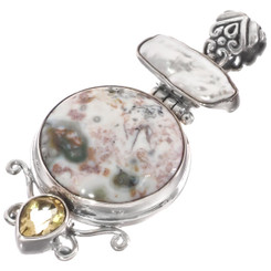 925 Silver Jasper Biwa Freshwater Stick Pearl Lemon Quartz Pendant, 2 7/16"