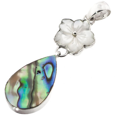 925 Silver Paua Flower Mother Of Pearl Shell Sterling Pendant, 2 5/16"