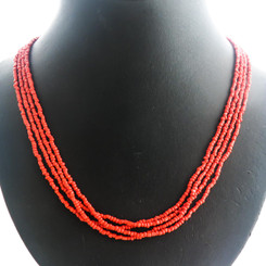 4 Strand Coral Red Seed Beads Long Necklace, 23"