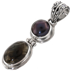 925 Silver Labradorite Peacock Freshwater Pearl Sterling Pendant, 1 3/4"