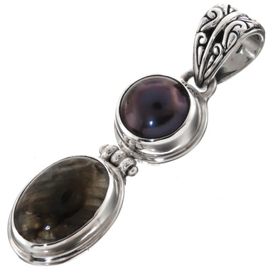 925 Silver Labradorite Peacock Freshwater Pearl Sterling Pendant, 1 3/4"