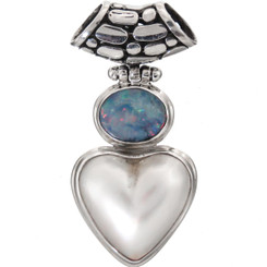 925 Silver Natural Opal Doublet Heart White Mabe Pearl Pendant, 1 9/16"