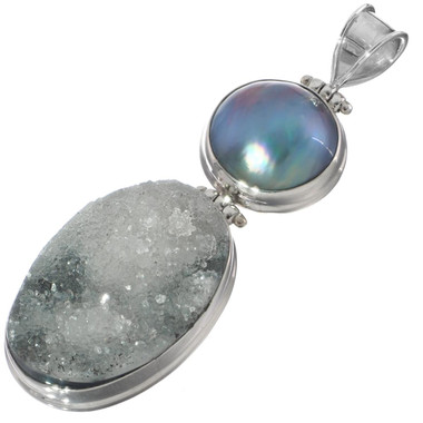 Agate Druzy Drusy Mabe Pearl Sterling Silver Pendant, 2 5/16"
