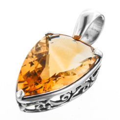 925 Silver Large Freeform Cut Citrine Filigree Sterling Pendant, 1"