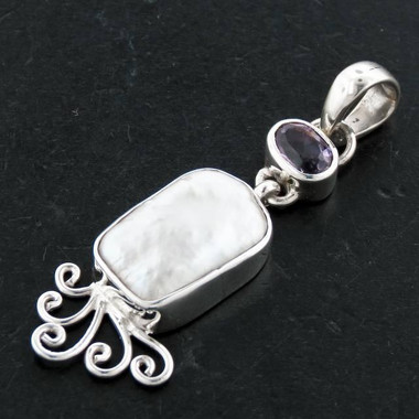925 Silver Sale Biwa Freshwater Stick Pearl Amethyst Sterling Pendant, ! 1 9/16"